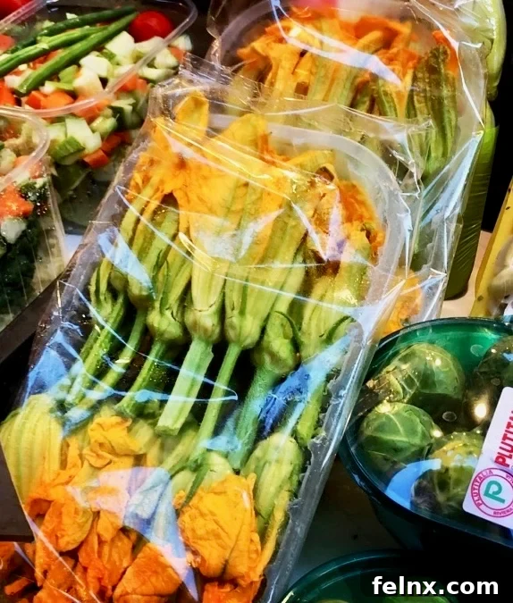 Fresh zucchini blossoms at an Italian market
