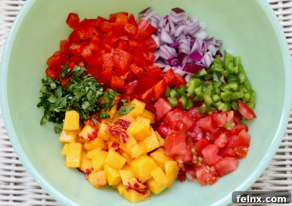 Diced peaches and vegetables