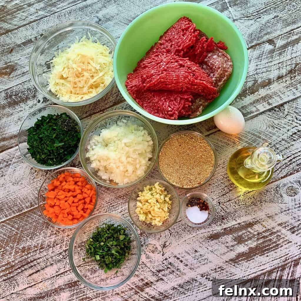 Fresh ingredients for Italian meatballs: pork, beef, cheeses, and herbs