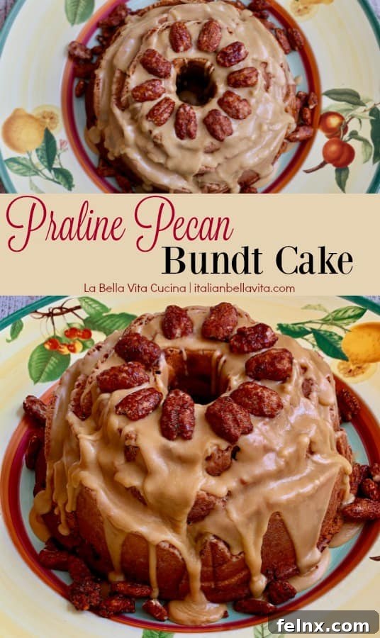 The finished Praline Pecan Bundt Cake with pecans on top
