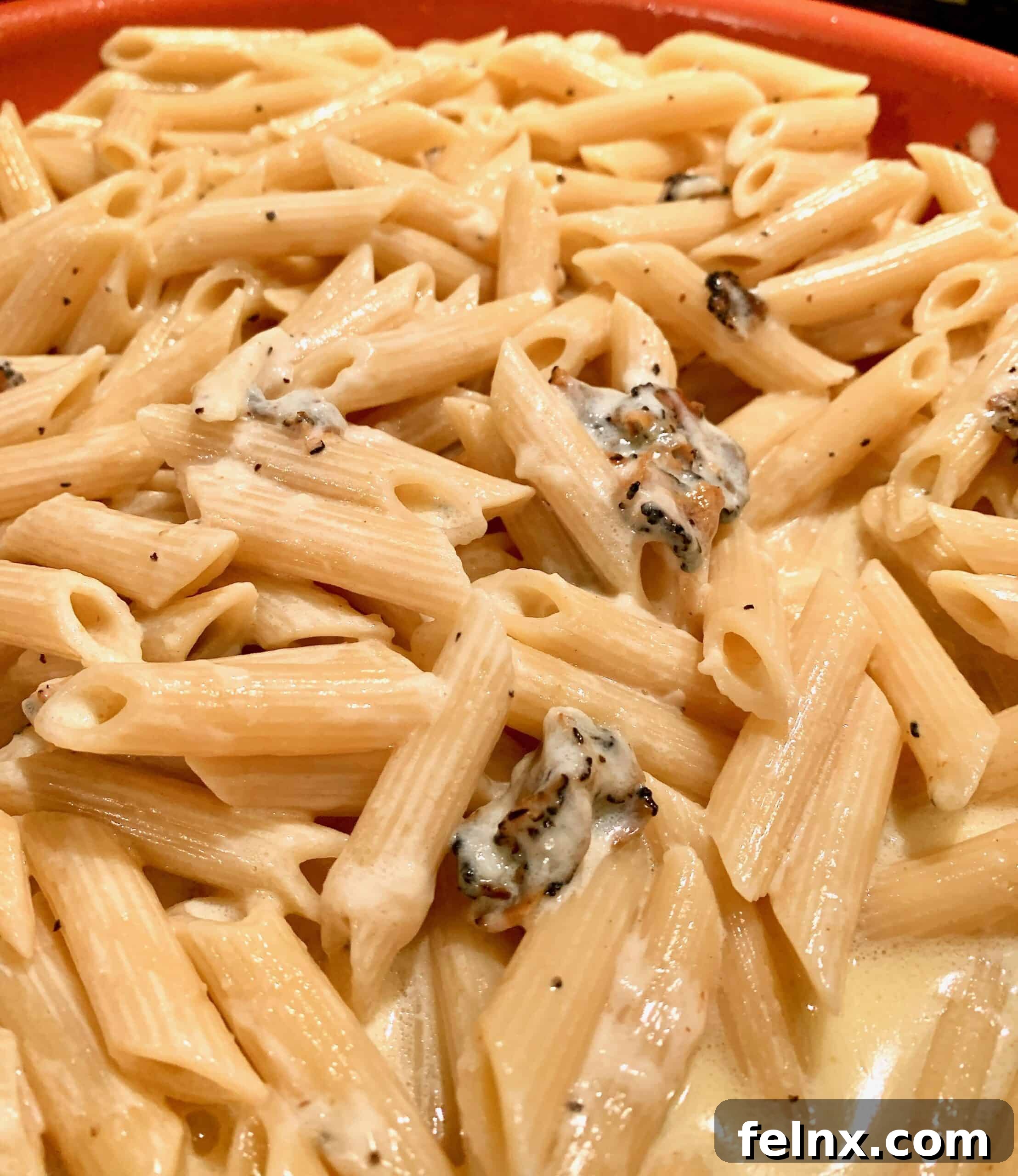 Detailed view of black truffle shavings on pasta