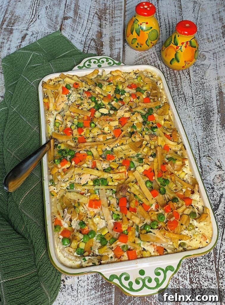 The finished golden brown chicken noodle casserole