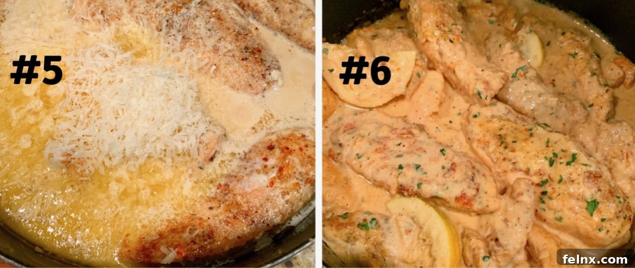 The sauce simmering with chicken in the skillet