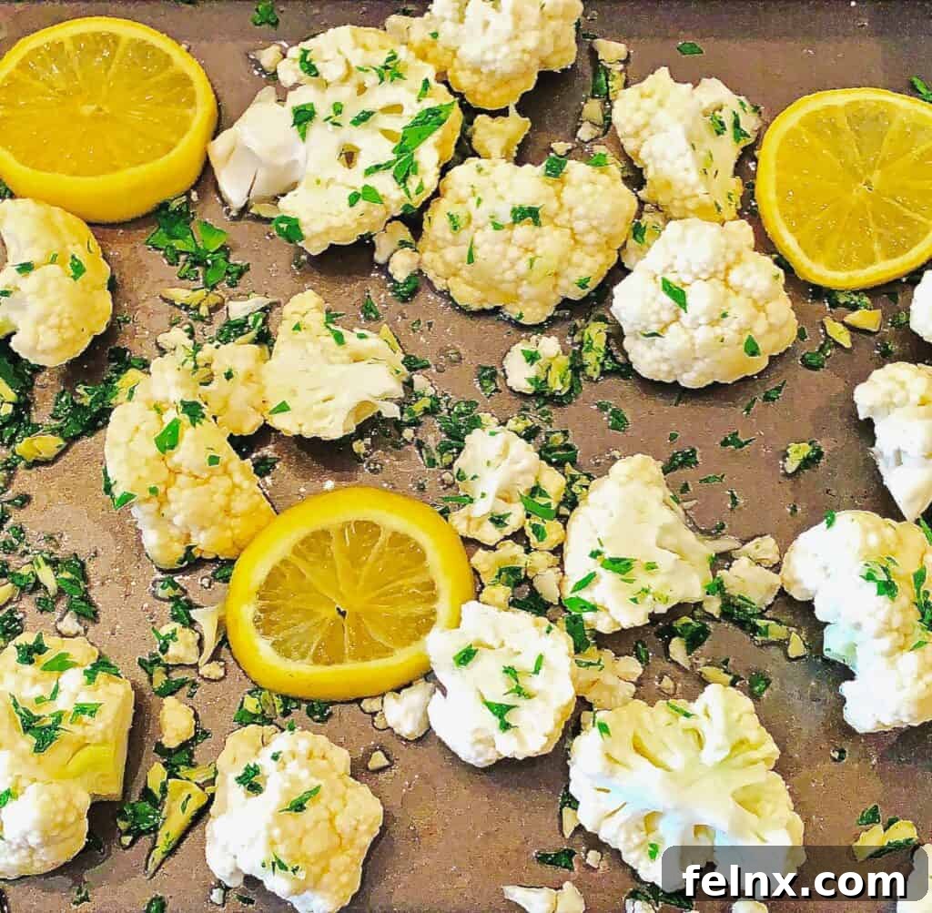 Cauliflower florets on a baking sheet