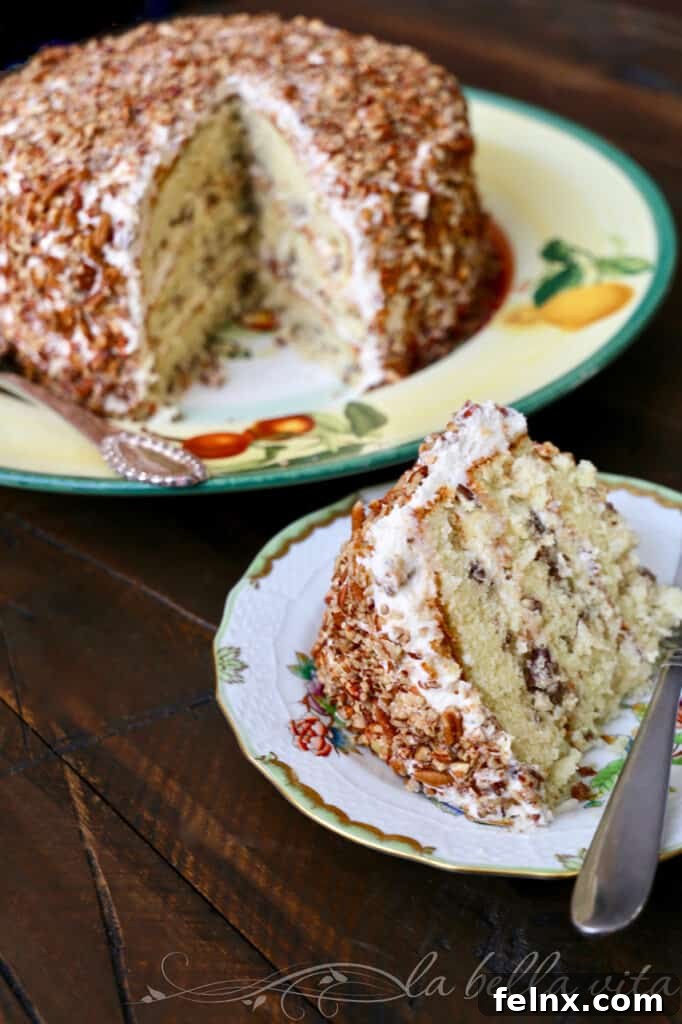 Slices of the best Italian Cream Cake with cream cheese frosting