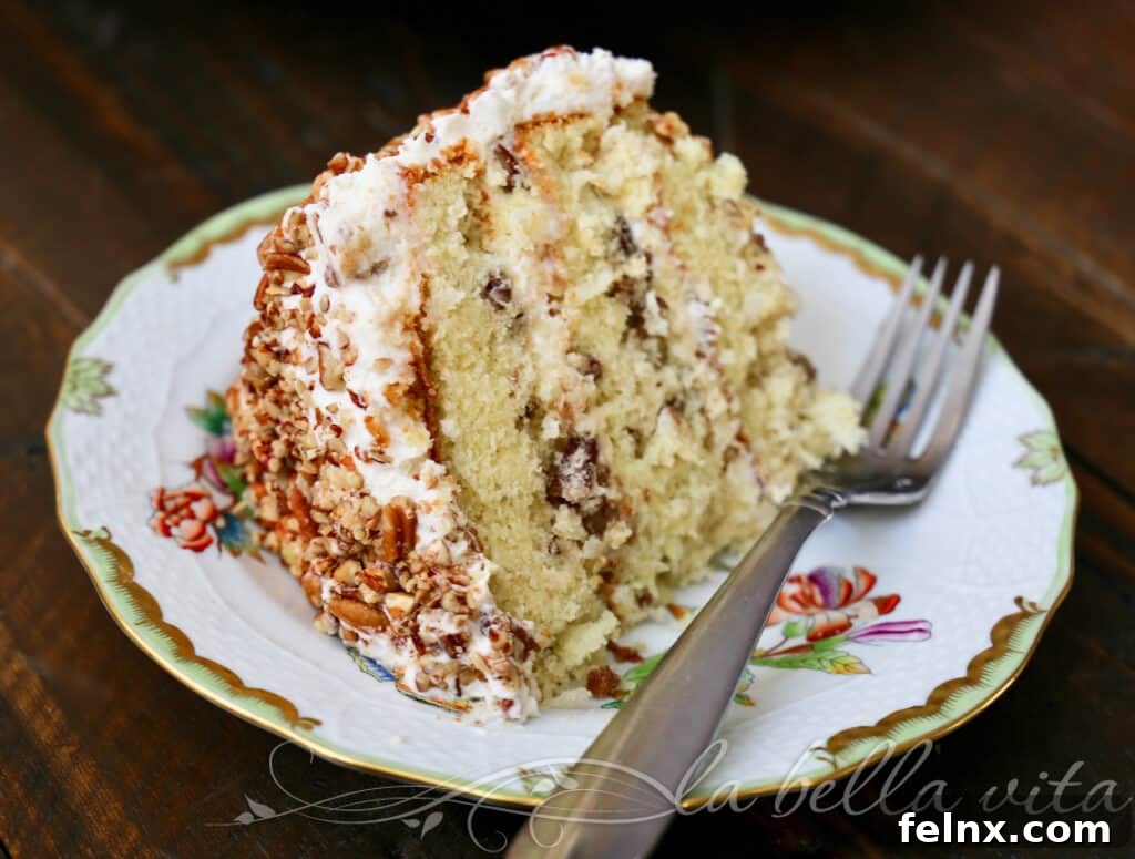 A close-up of the moist layers of Italian Cream Cake