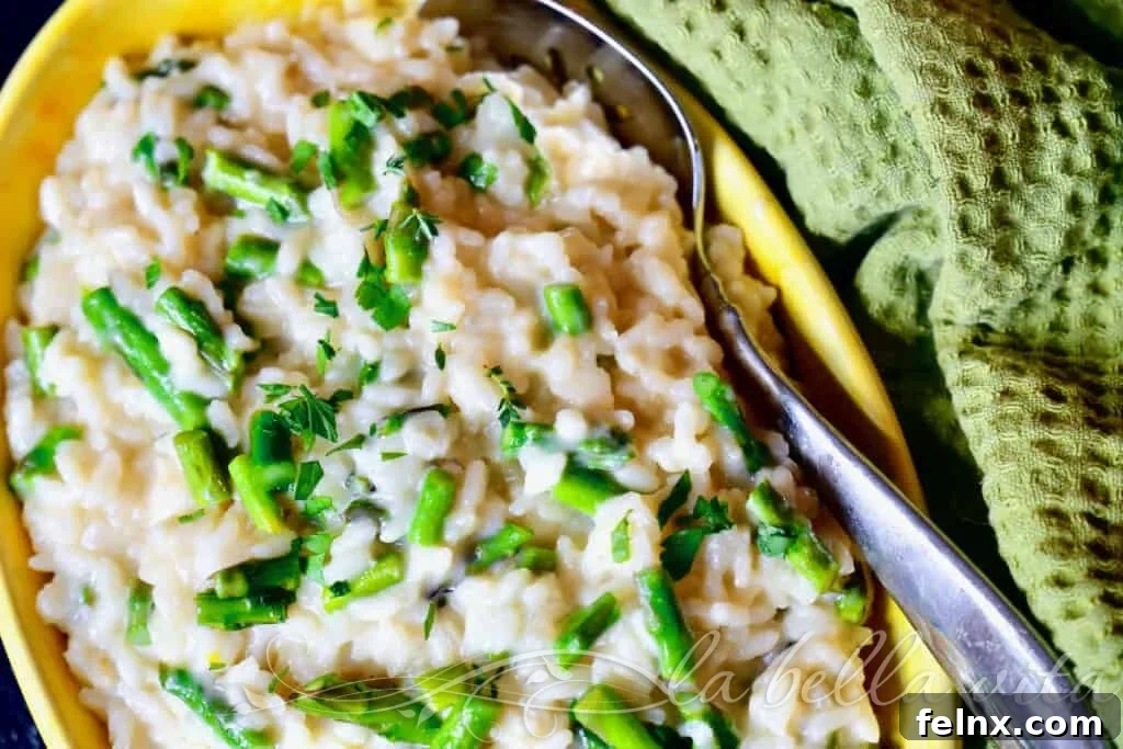 Creamy Lemon Risotto with Roasted Asparagus and Three Cheeses on a plate