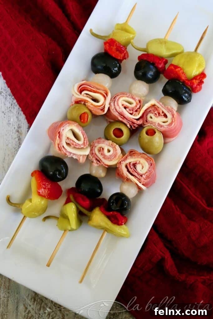 Delicious Italian Muffuletta Skewers with olives and deli meats