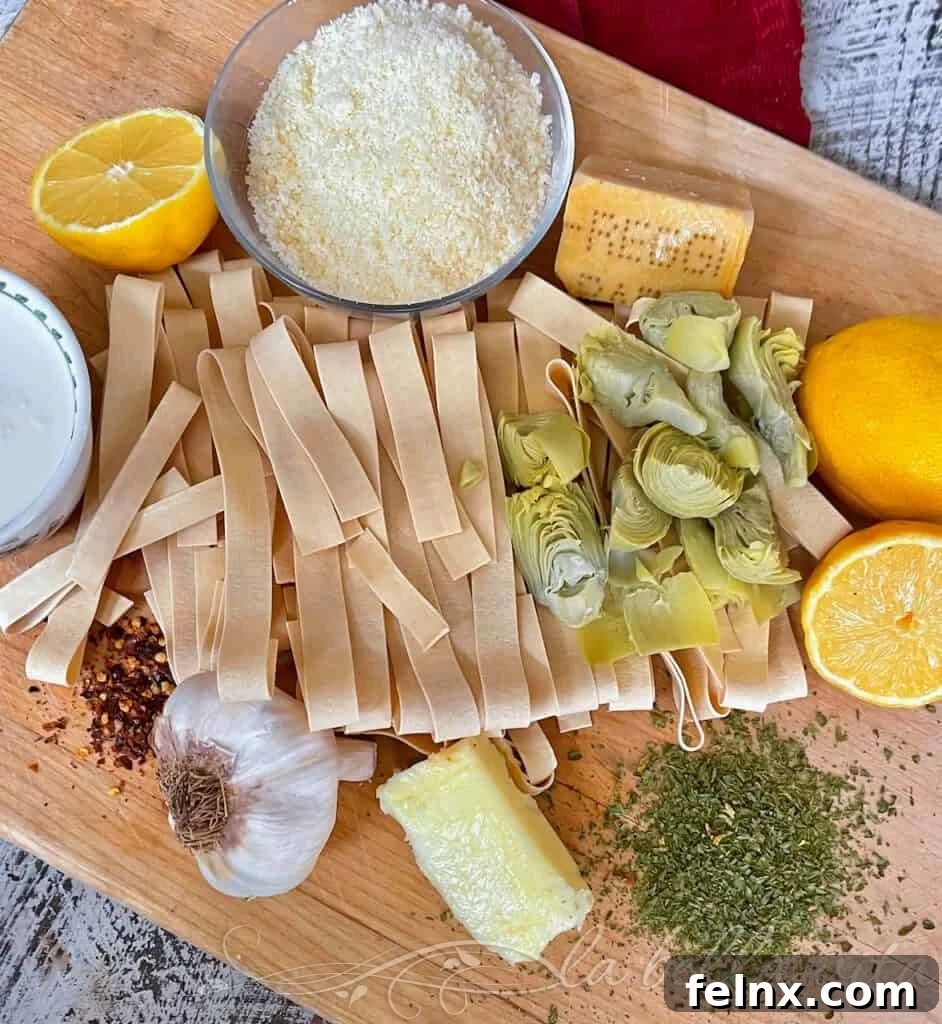 Ingredients for lemon artichoke pasta