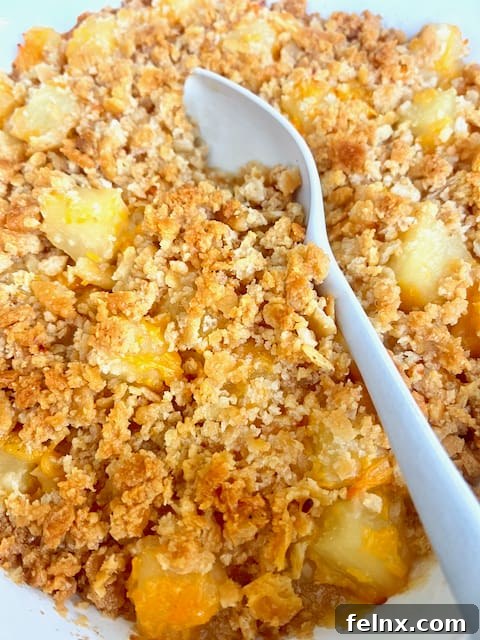 Freshly baked pineapple casserole in a baking dish