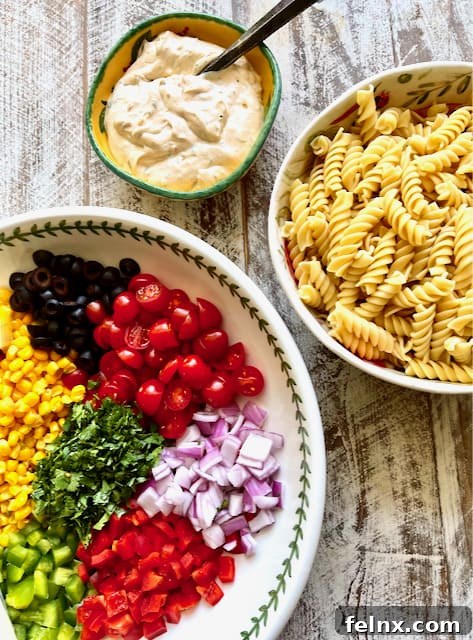 Close up of Mexican Street Corn Pasta Salad