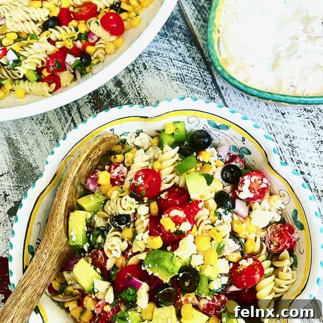 A bowl of creamy Mexican Street Corn Pasta Salad