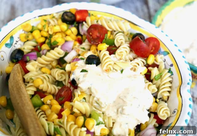 Final plated Mexican Street Corn Pasta Salad