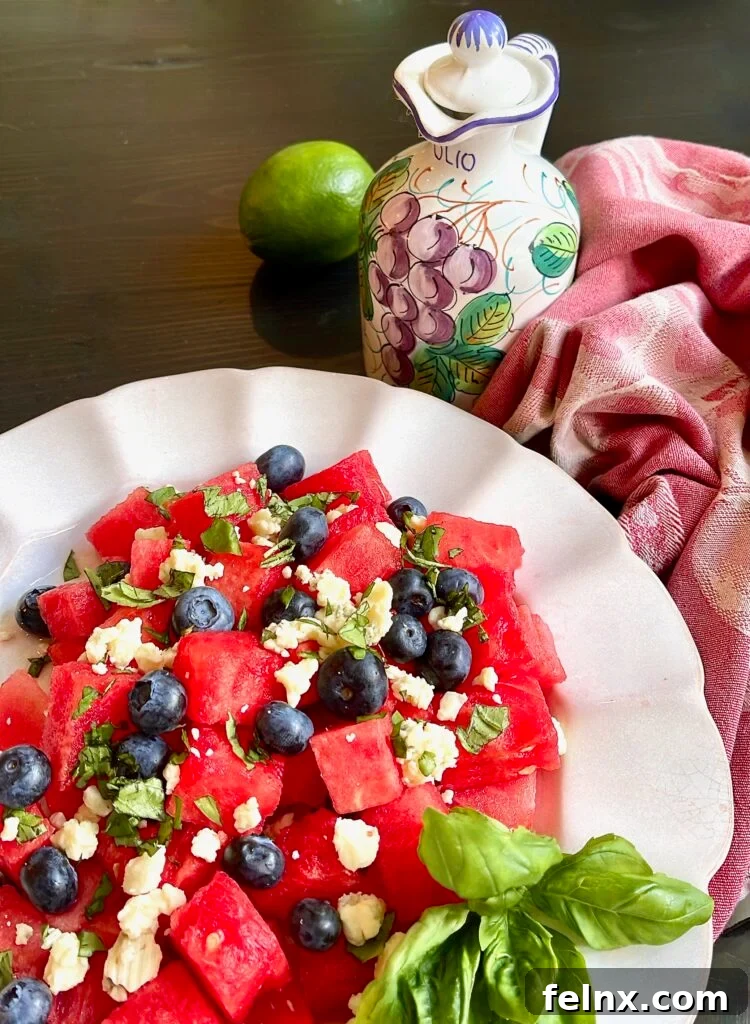 Close-up of Watermelon and Blueberry Salad with Gorgonzola