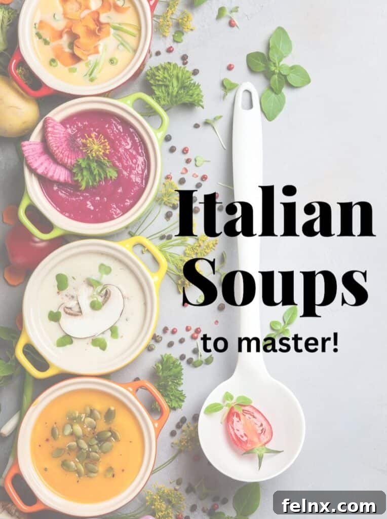 Assorted authentic Italian soups in bowls