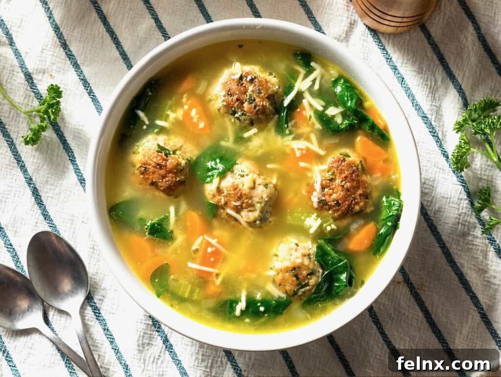Italian Wedding Soup with meatballs and greens