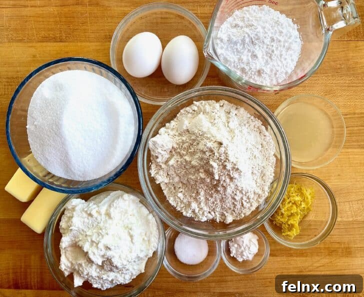Ingredients for lemon ricotta cookies spread out on a counter