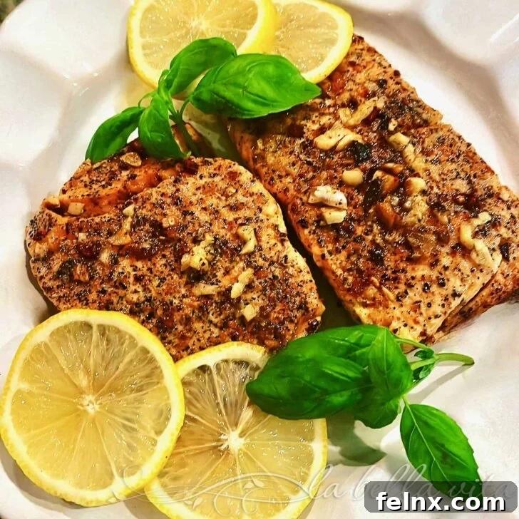 Delicious Lemon Garlic Butter Salmon Filet on a plate
