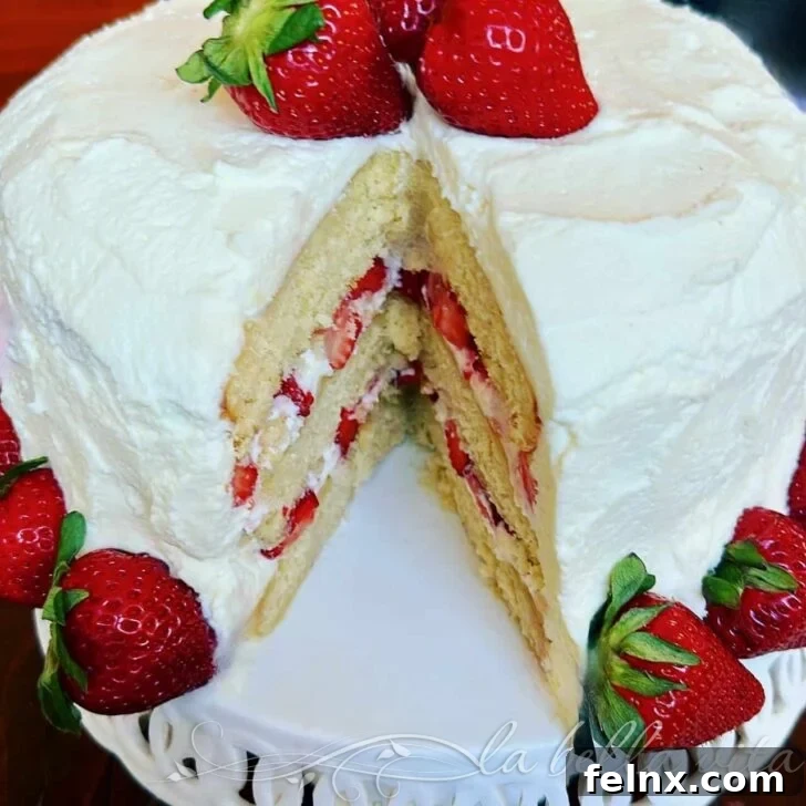 Stunning Strawberry Cake with Sweet Mascarpone Cream on a serving plate