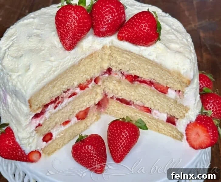A slice of strawberry cake ready to be eaten