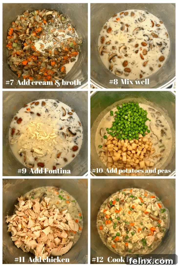 Adding chicken and peas to the pot pie filling