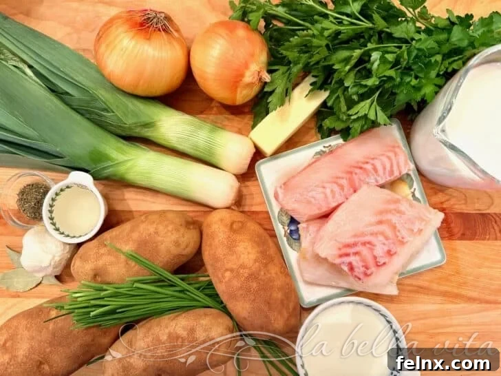Ingredients for Cullen Skink including fish, leeks, and potatoes
