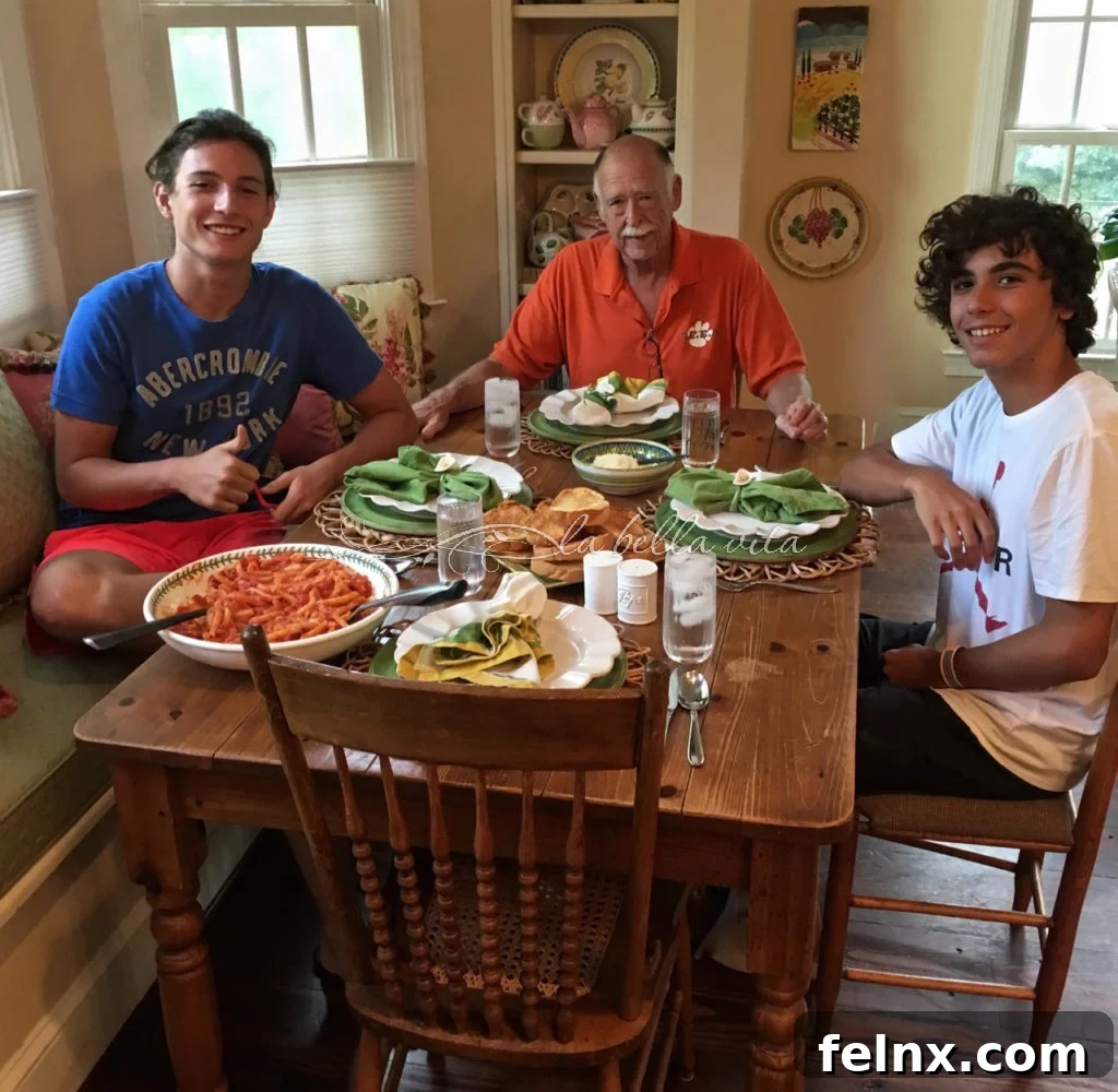 The author's family enjoying a home-cooked Italian meal