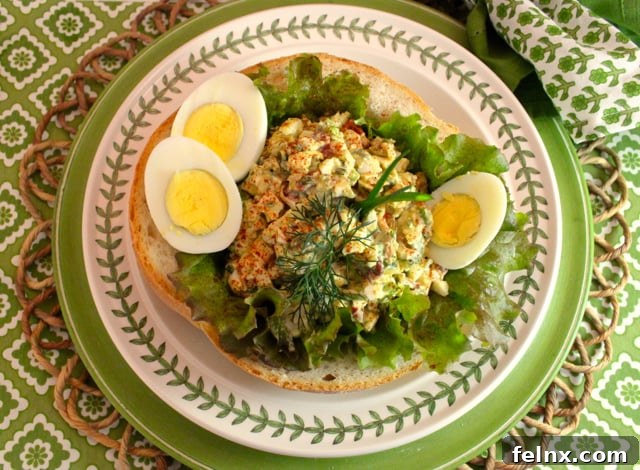 Beautifully presented egg salad in a bread bowl